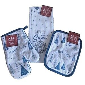 Christmas Tree Dish Kitchen Towel Potholder Oven Mitt Where Tree Tops Set of 3